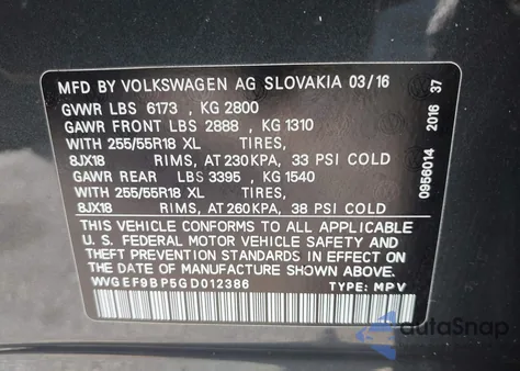 2016 Volkswagen Touareg Vr6 Sport z USA, uszkodzony, nr VIN WVGEF9BP5GD012386